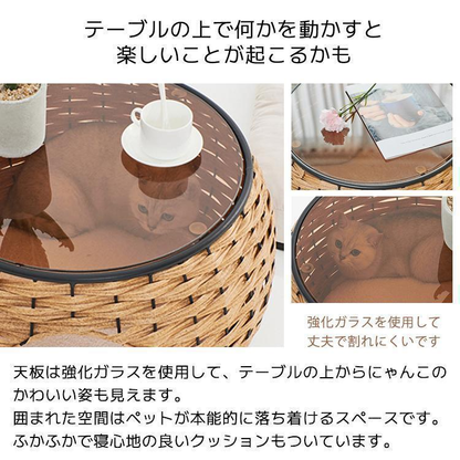 ローテーブル 猫 小型犬 ペットベッド ラタンカフェテーブルベッド 隠れ家 透明天板 キャットハウス ペットソファ かわいい おしゃれ センターテーブル 丸
