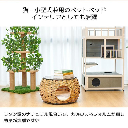 ローテーブル 猫 小型犬 ペットベッド ラタンカフェテーブルベッド 隠れ家 透明天板 キャットハウス ペットソファ かわいい おしゃれ センターテーブル 丸